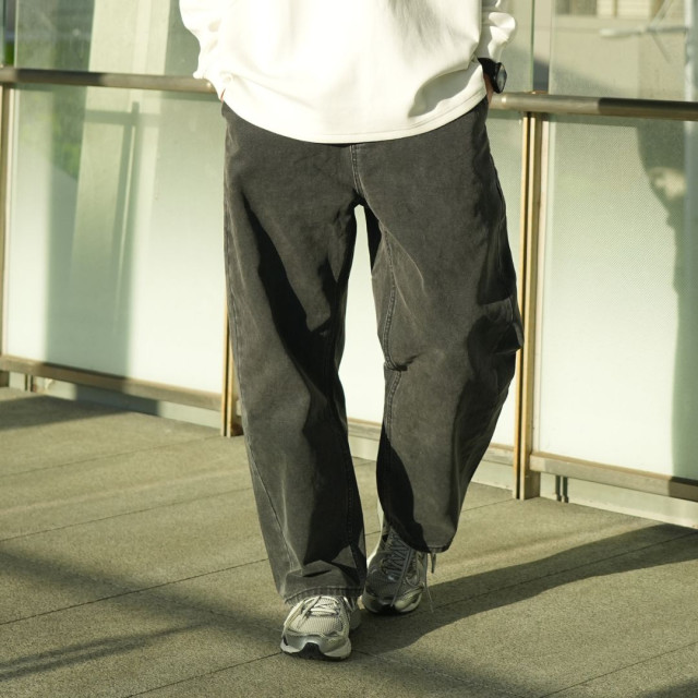 重磅水洗仿帆布弧形彎刀休閒褲