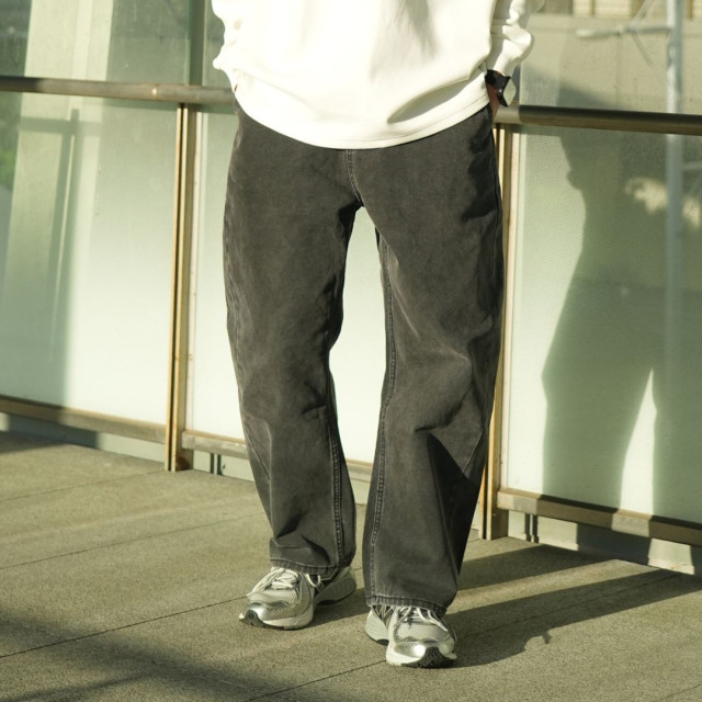 重磅水洗仿帆布弧形彎刀休閒褲