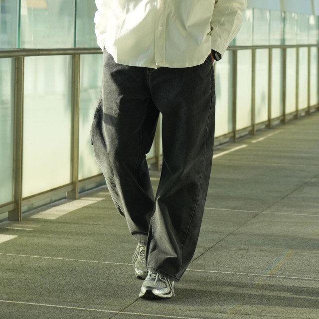 重磅水洗仿帆布弧形彎刀休閒褲