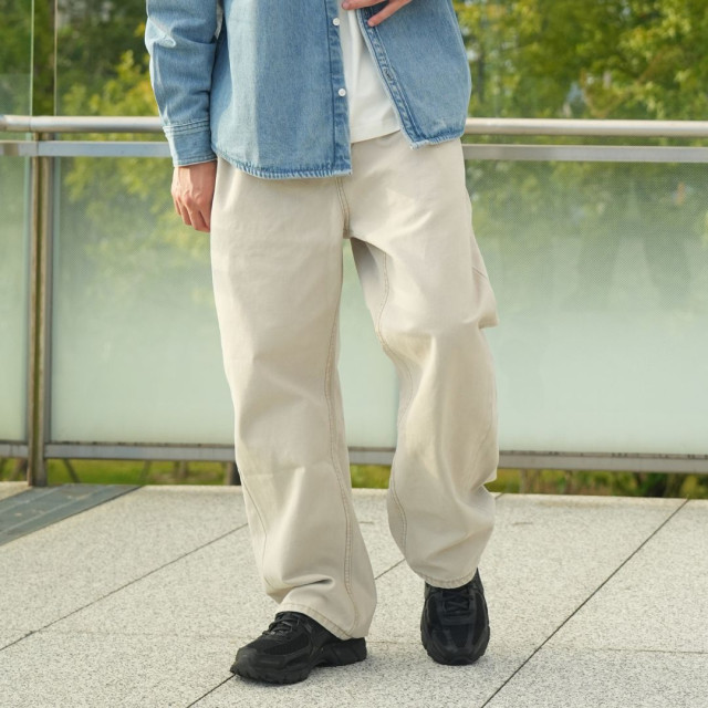 重磅水洗仿帆布弧形彎刀休閒褲