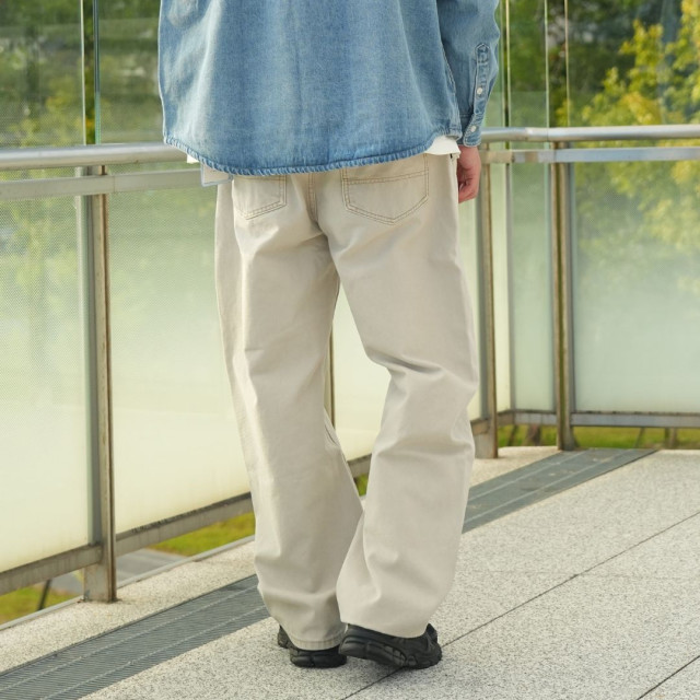 重磅水洗仿帆布弧形彎刀休閒褲