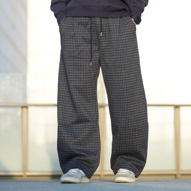 復古格紋寬鬆闊腿暖絨休閒長褲