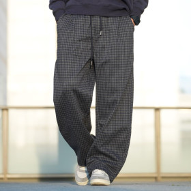 復古格紋寬鬆闊腿暖絨休閒長褲