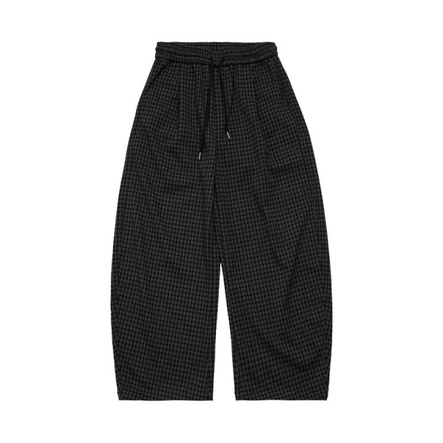 復古格紋寬鬆闊腿暖絨休閒長褲