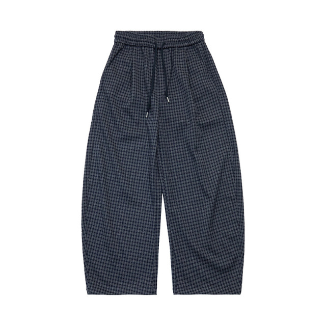 復古格紋寬鬆闊腿暖絨休閒長褲