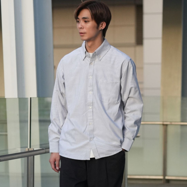 日系牛津紡條紋長袖襯衫