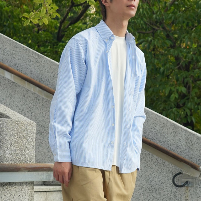 日系牛津紡條紋長袖襯衫