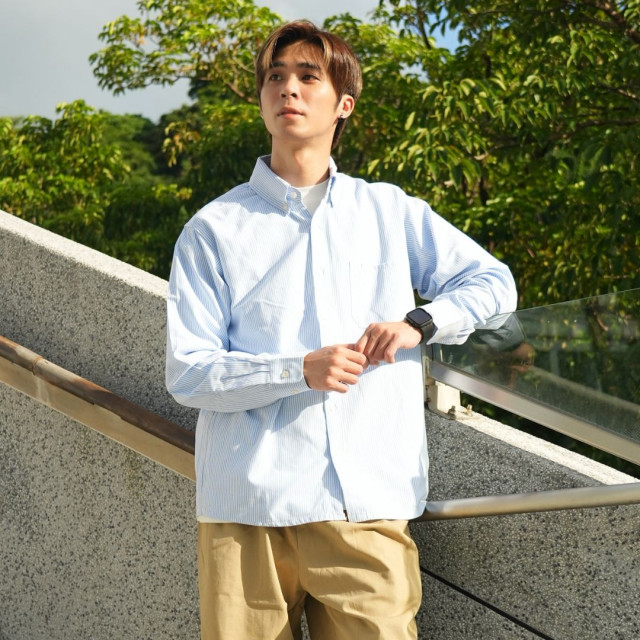 日系牛津紡條紋長袖襯衫