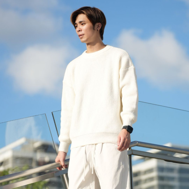 圓領重磅寬鬆坑條針織毛衣