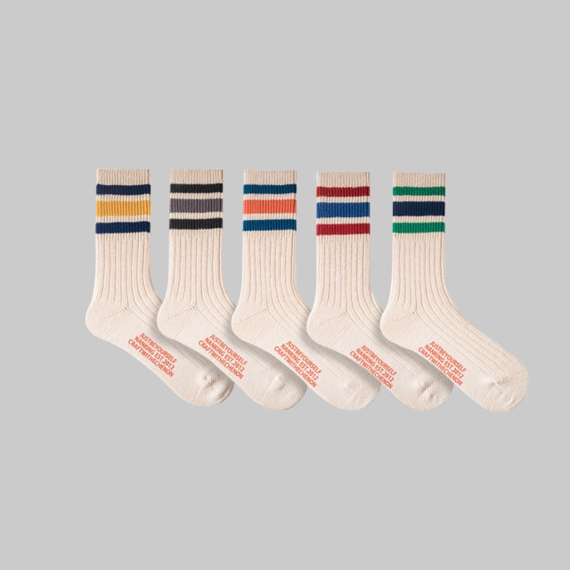 復古三線雙色精梳棉中高筒襪
