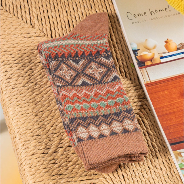 復古民族風精梳棉中高筒襪