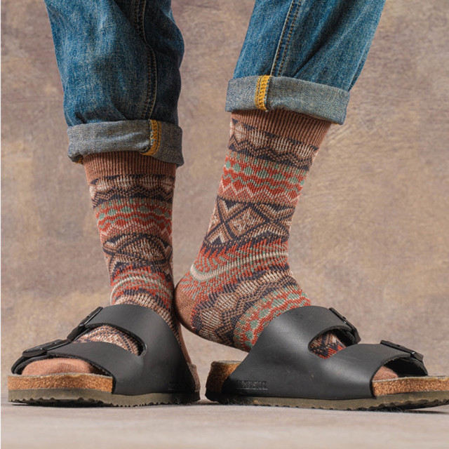 復古民族風精梳棉中高筒襪