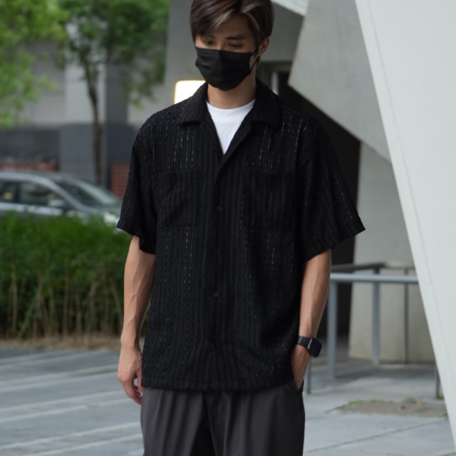 古巴領鏤空提花短袖襯杉