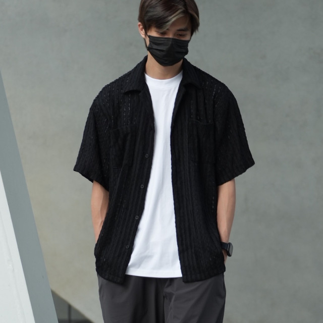 古巴領鏤空提花短袖襯杉