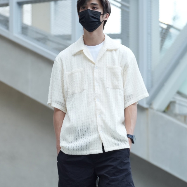 古巴領鏤空提花短袖襯杉