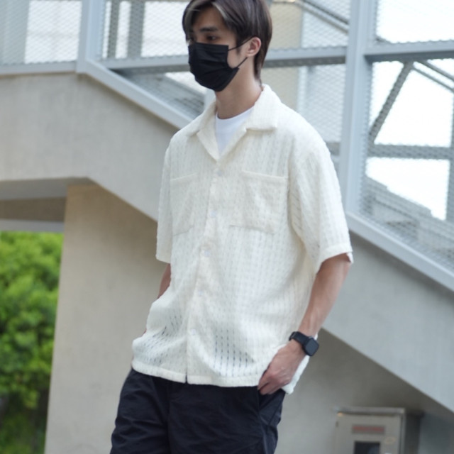 古巴領鏤空提花短袖襯杉