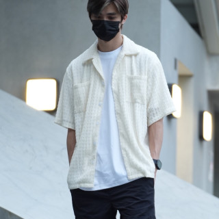 古巴領鏤空提花短袖襯杉