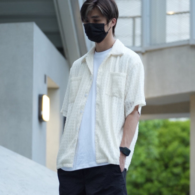 古巴領鏤空提花短袖襯杉