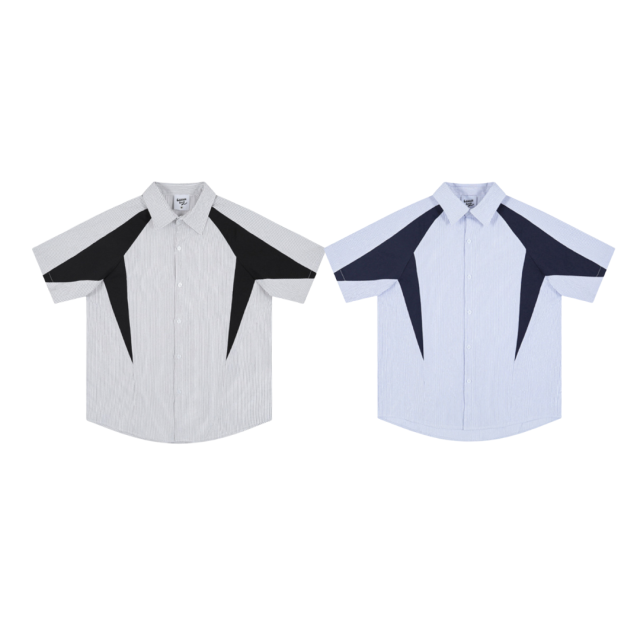 日系條紋泡泡皺拼接短袖襯杉