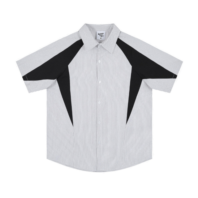 日系條紋泡泡皺拼接短袖襯杉