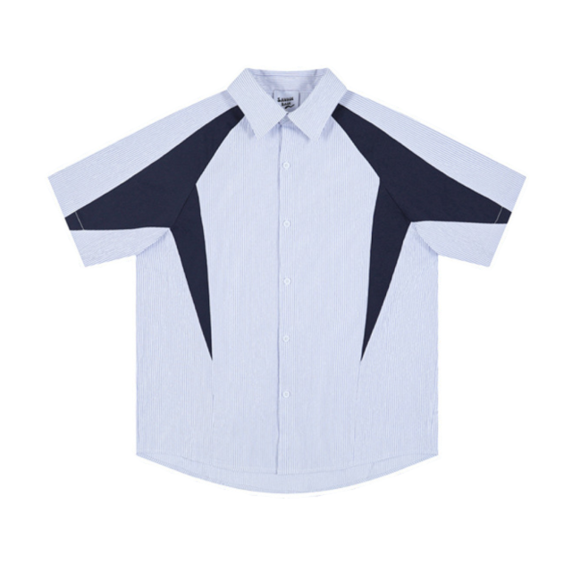 日系條紋泡泡皺拼接短袖襯杉