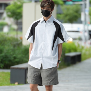 日系條紋泡泡皺拼接短袖襯杉