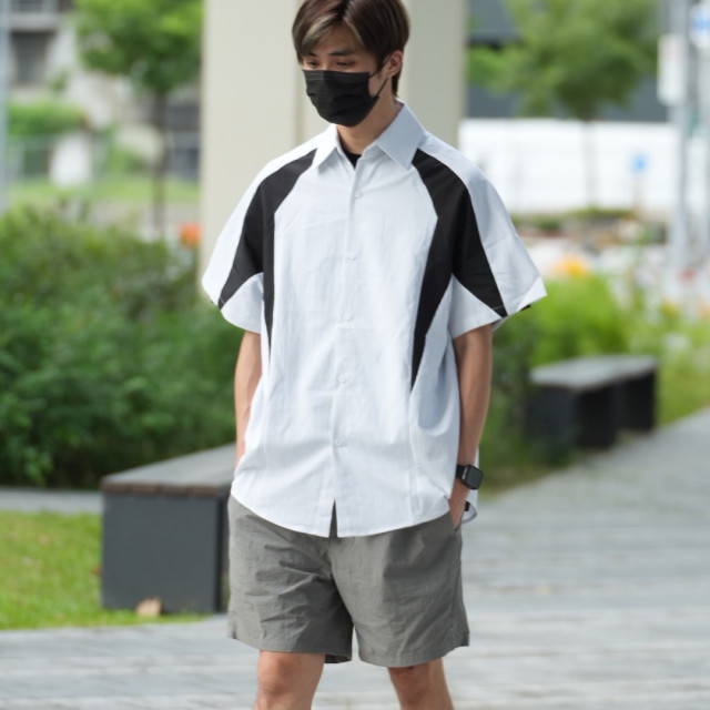 日系條紋泡泡皺拼接短袖襯杉