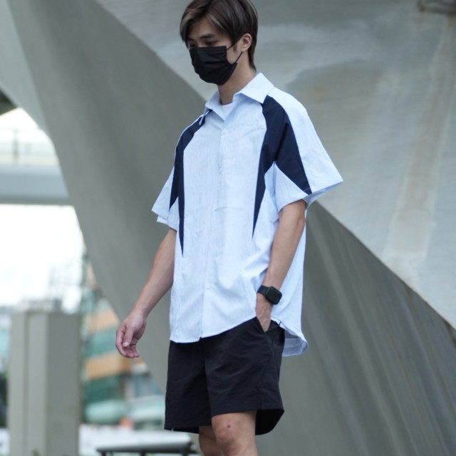 日系條紋泡泡皺拼接短袖襯杉