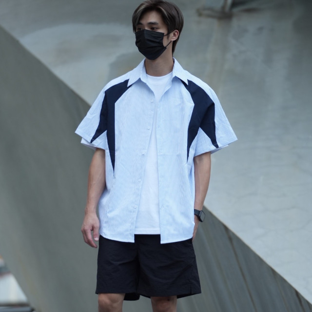 日系條紋泡泡皺拼接短袖襯杉