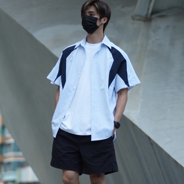 日系條紋泡泡皺拼接短袖襯杉