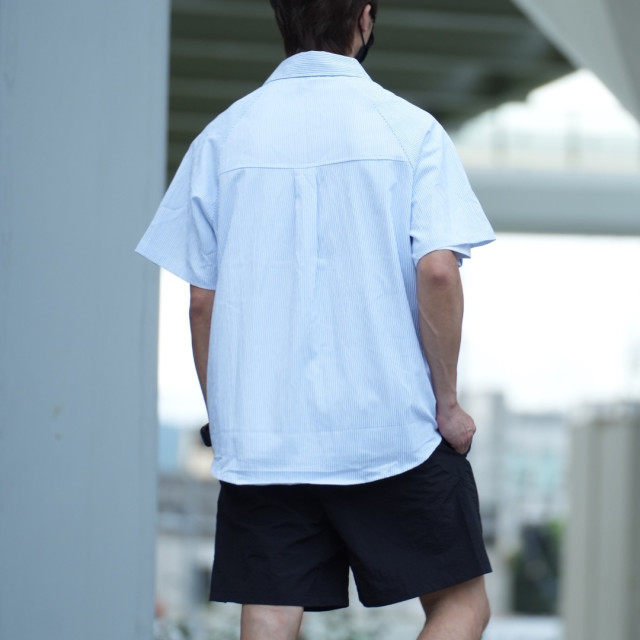 日系條紋泡泡皺拼接短袖襯杉