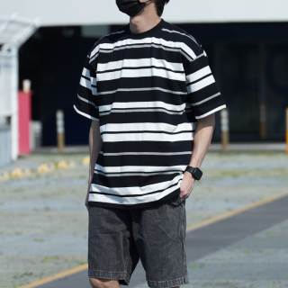 300克重磅拼色條紋短T