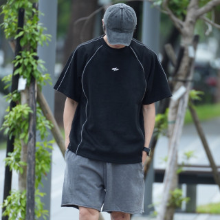 美式桃皮絨反光條拼接短T