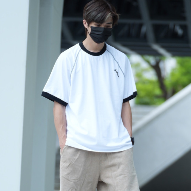 簡約插肩縫線拼接撞色休閒短T